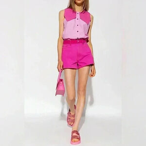 GANNI Organic Cotton Patch Shorts Pink Berry High Waist Denim Luxury Designer